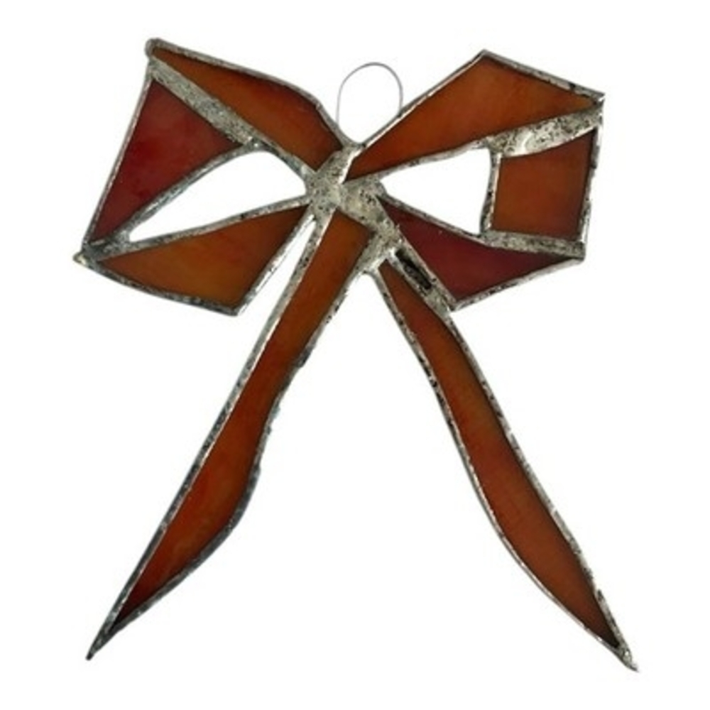 5.5" Antique Handmade Stained Glass Red Bow Ornament Silver Frame Antique Decor - Picture 3 of 3